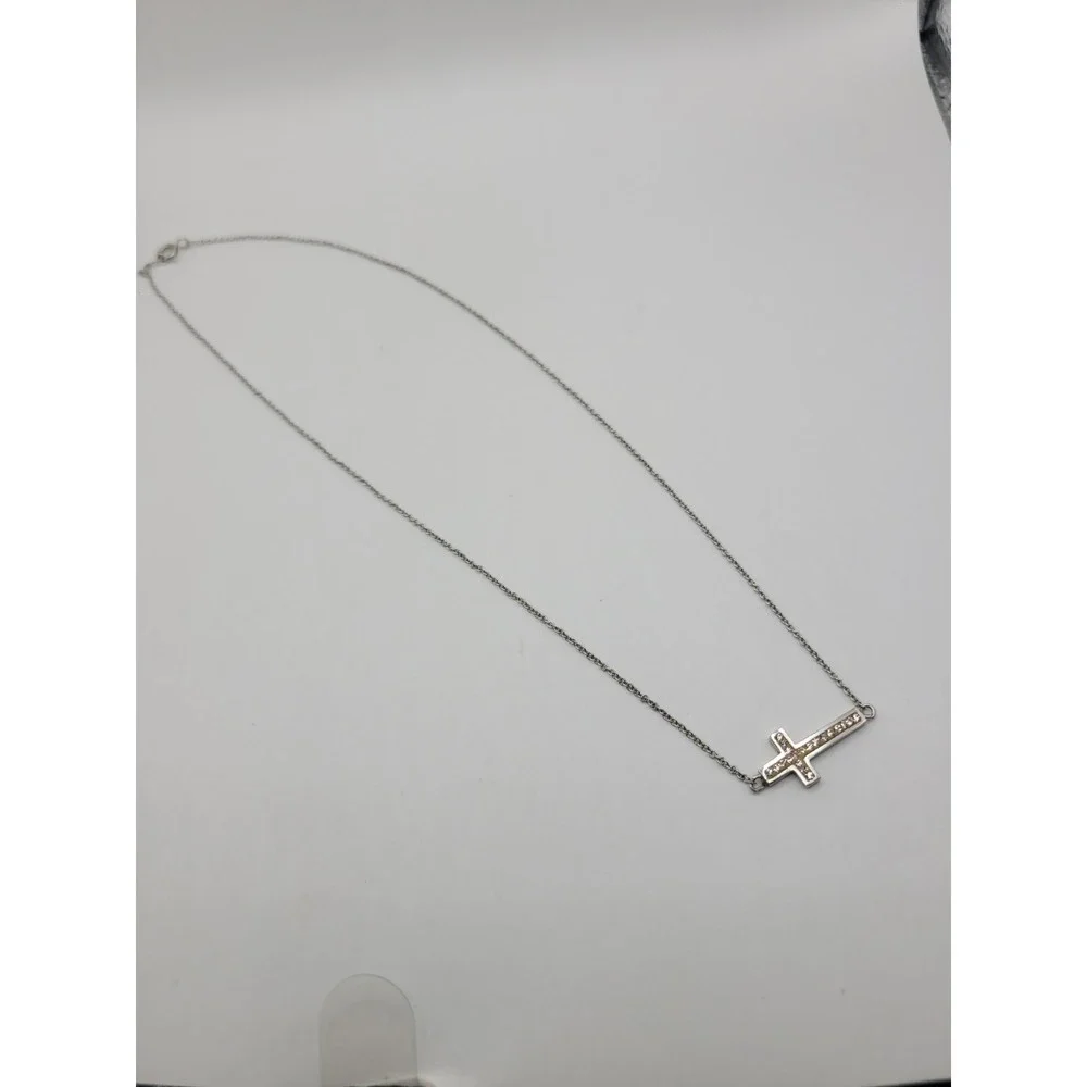Silver Tone Sideways Cross Necklace Clear Rhinestone Christian Faith Jewelry